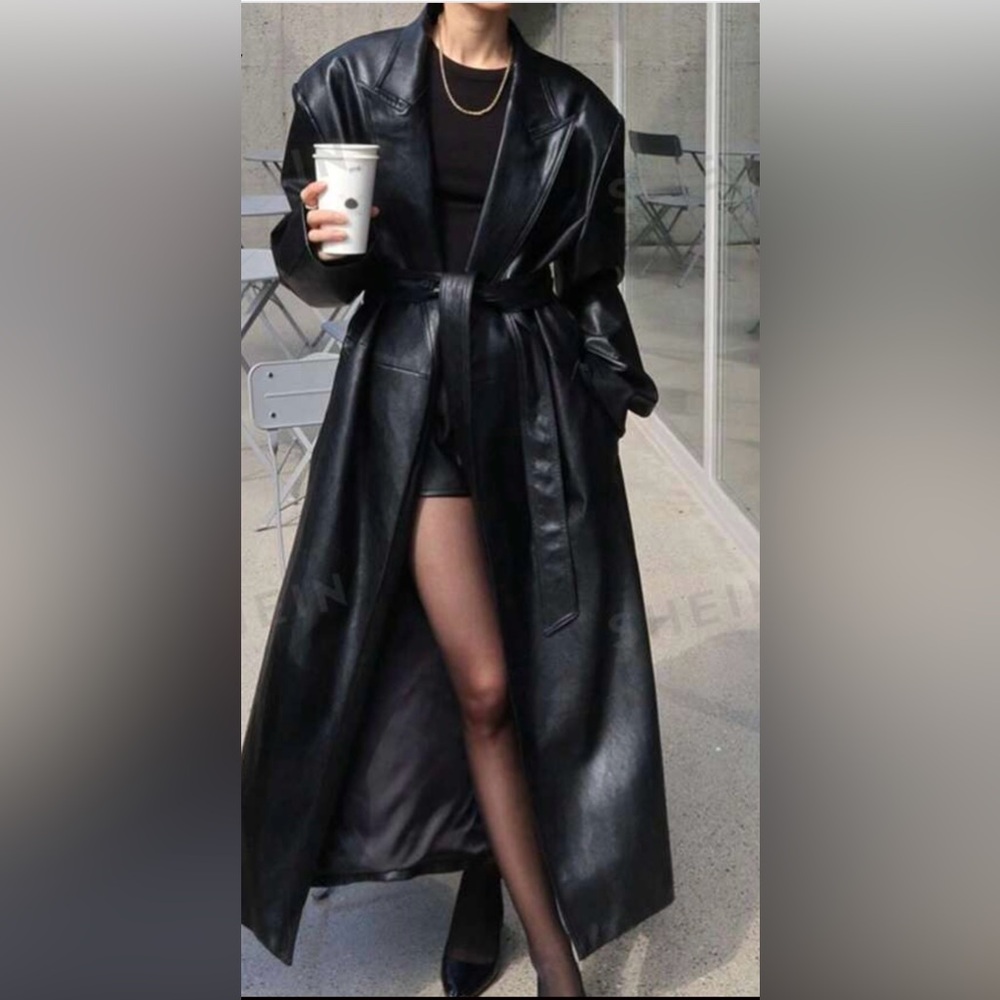 NWT Moda Martani Unisex Black Oversized 100% Lambskin Leather Trench Coat Sz XXI